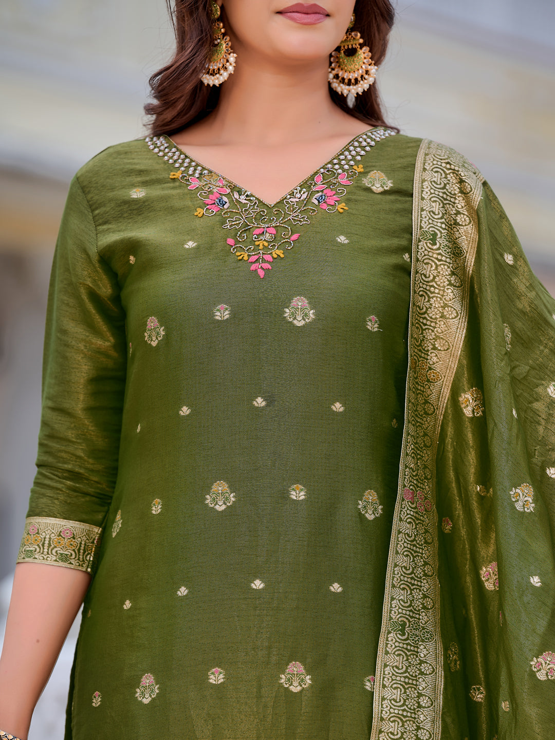 Pure Banarasi Jacquard Hand Embroidered Kurta With Pant & Banarasi Jacquard Dupatta, Green - Hiral Fashion