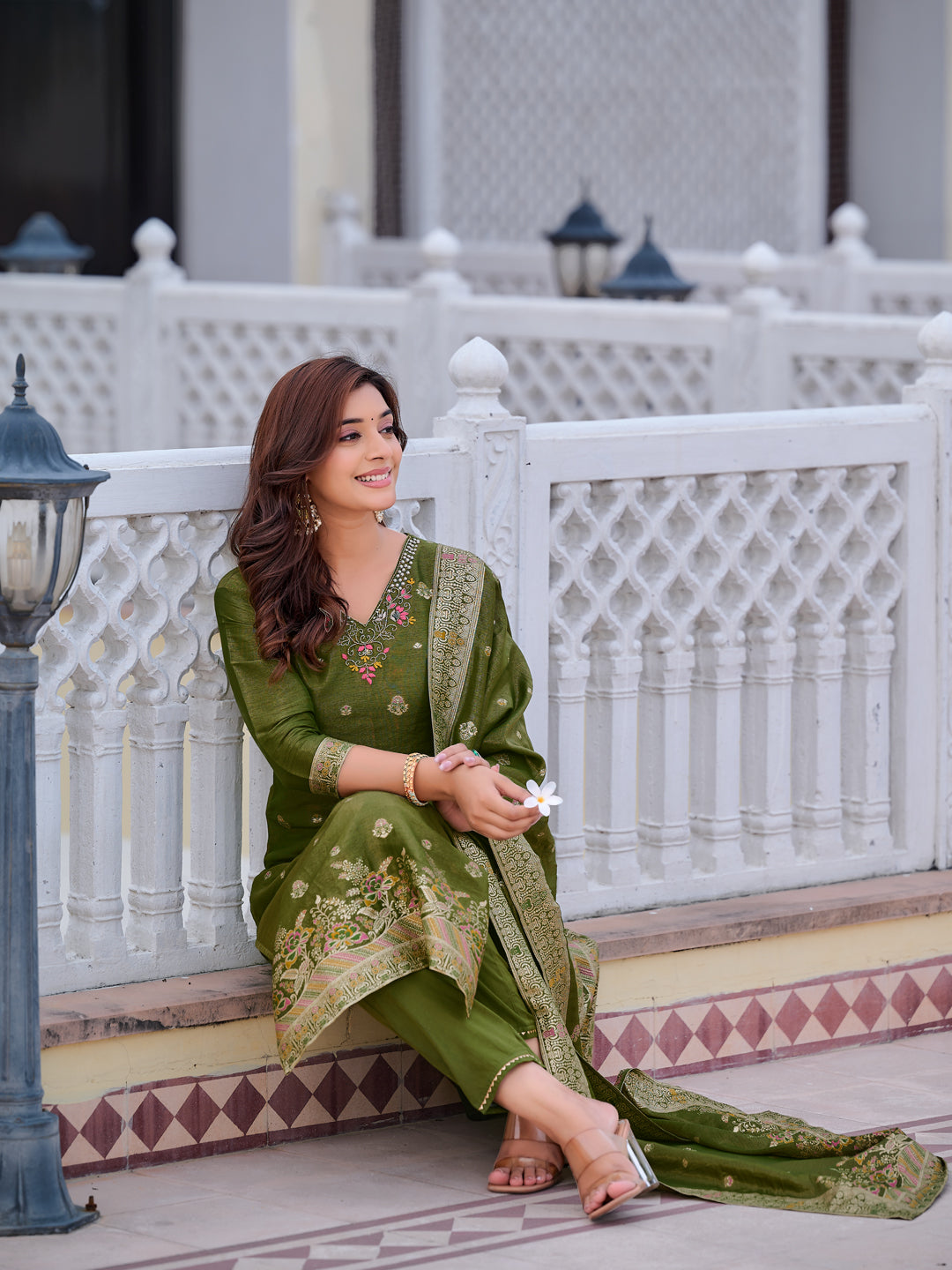 Pure Banarasi Jacquard Hand Embroidered Kurta With Pant & Banarasi Jacquard Dupatta, Green - Hiral Fashion