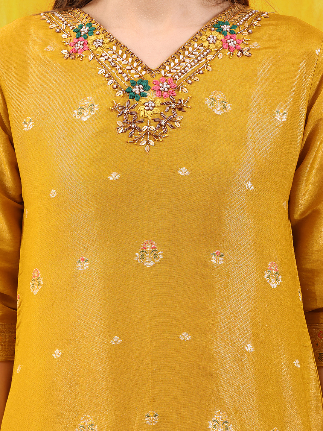 Pure Banarasi Jacquard Hand Embroidered Kurta With Pant & Banarasi Jacquard Dupatta, Yellow - Hiral Fashion