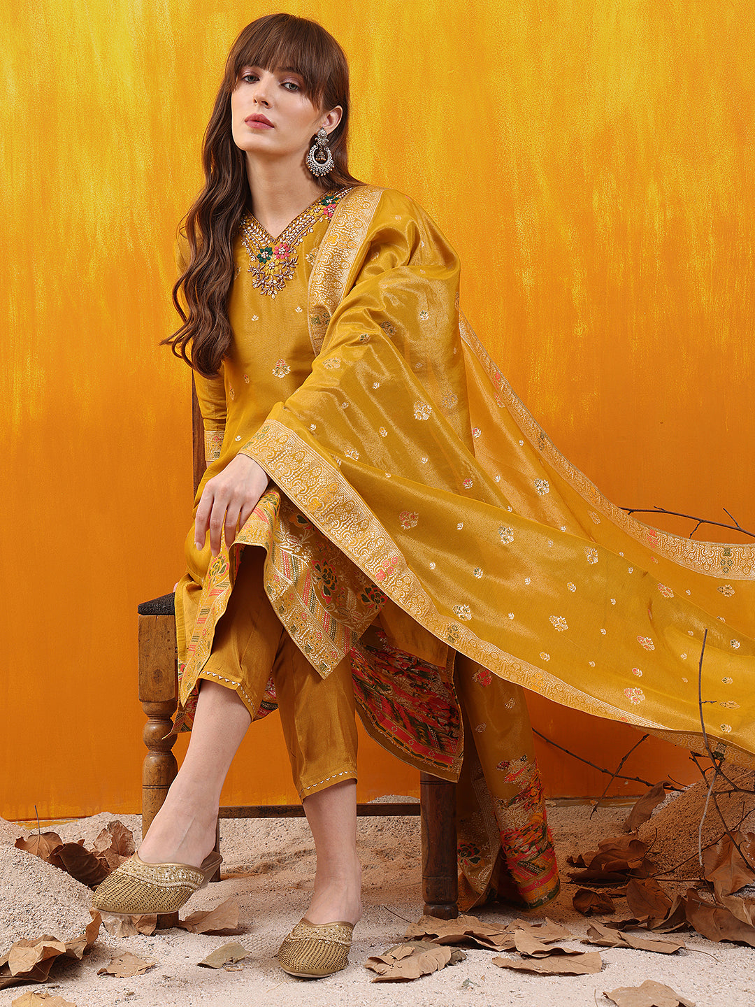 Pure Banarasi Jacquard Hand Embroidered Kurta With Pant & Banarasi Jacquard Dupatta, Yellow - Hiral Fashion