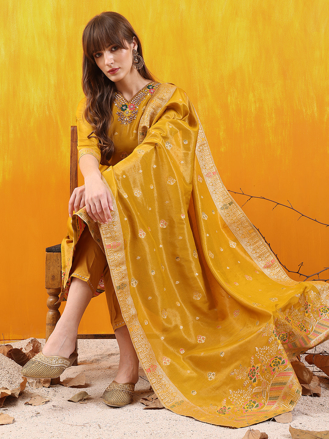 Pure Banarasi Jacquard Hand Embroidered Kurta With Pant & Banarasi Jacquard Dupatta, Yellow - Hiral Fashion