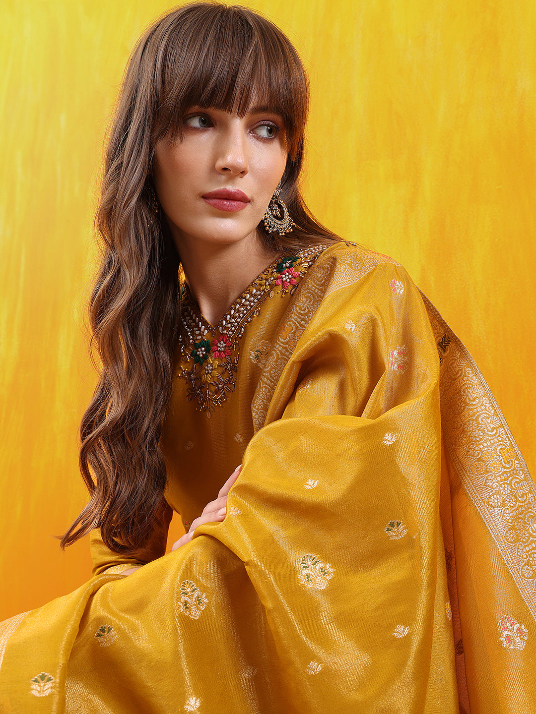 Pure Banarasi Jacquard Hand Embroidered Kurta With Pant & Banarasi Jacquard Dupatta, Yellow - Hiral Fashion