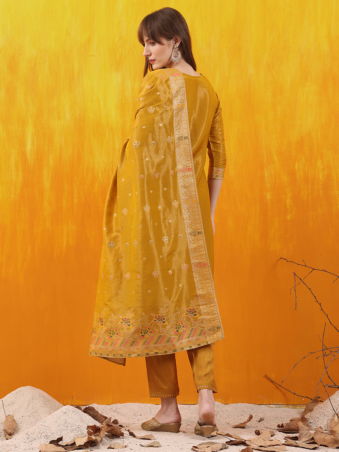 Pure Banarasi Jacquard Hand Embroidered Kurta With Pant & Banarasi Jacquard Dupatta, Yellow - Hiral Fashion