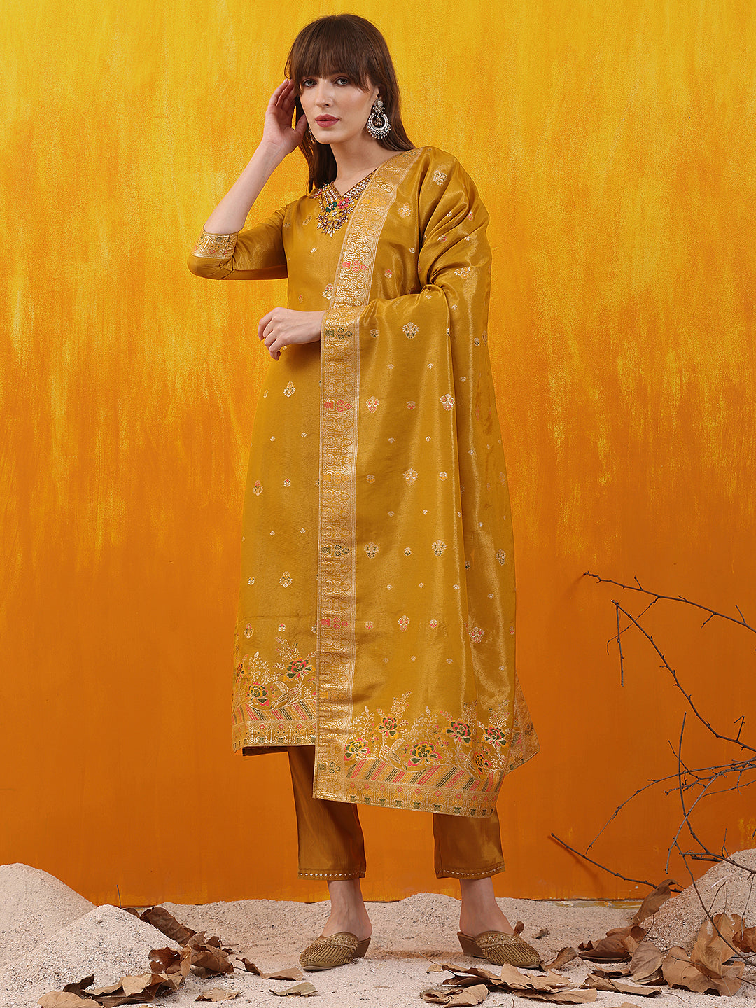 Pure Banarasi Jacquard Hand Embroidered Kurta With Pant & Banarasi Jacquard Dupatta, Yellow - Hiral Fashion