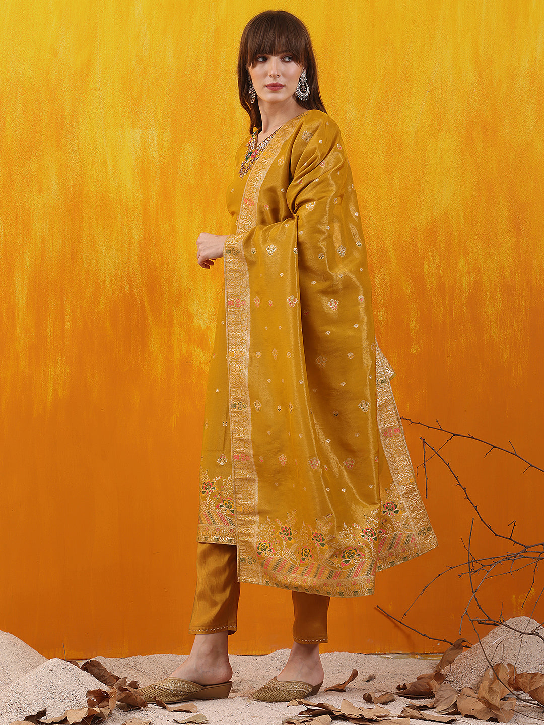 Pure Banarasi Jacquard Hand Embroidered Kurta With Pant & Banarasi Jacquard Dupatta, Yellow - Hiral Fashion