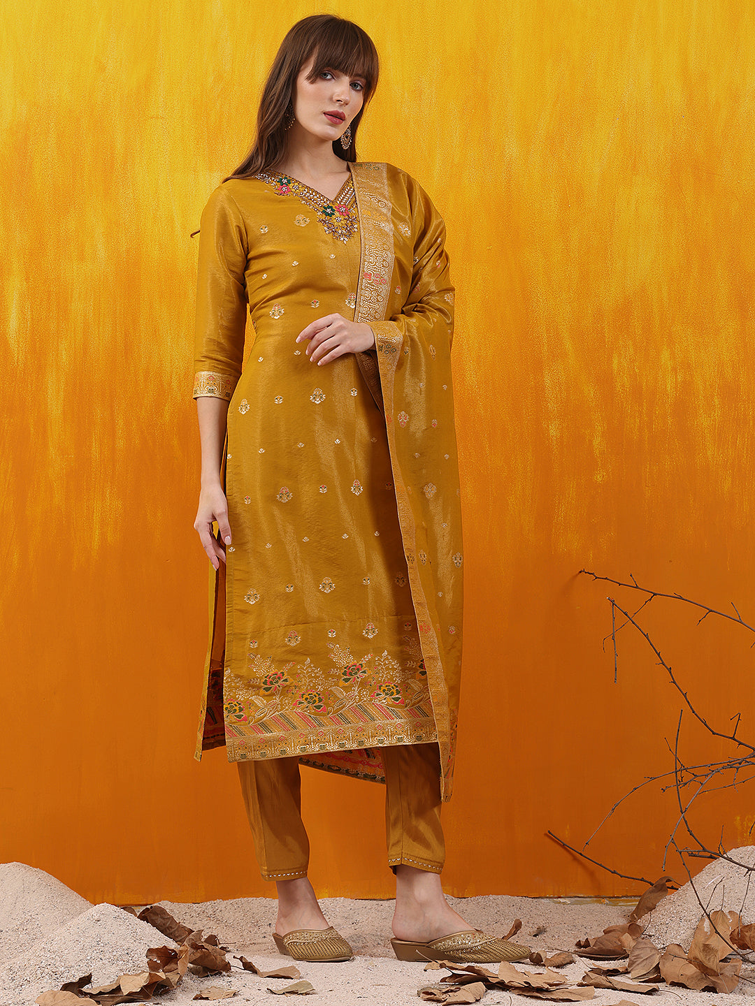 Pure Banarasi Jacquard Hand Embroidered Kurta With Pant & Banarasi Jacquard Dupatta, Yellow - Hiral Fashion
