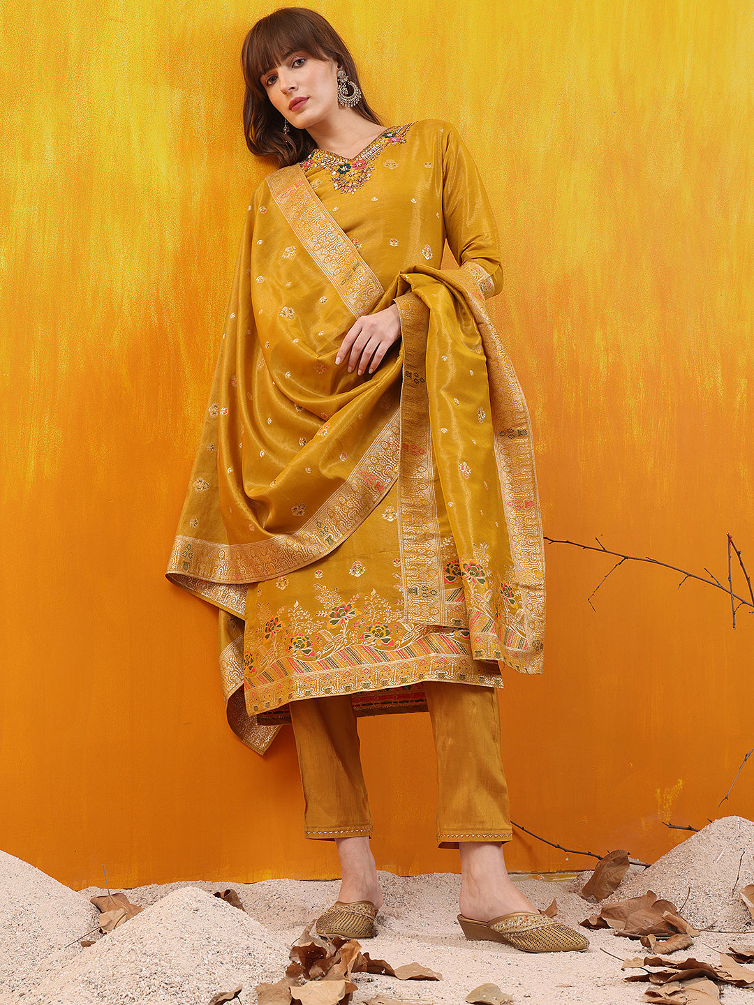 Pure Banarasi Jacquard Hand Embroidered Kurta With Pant & Banarasi Jacquard Dupatta, Yellow - Hiral Fashion