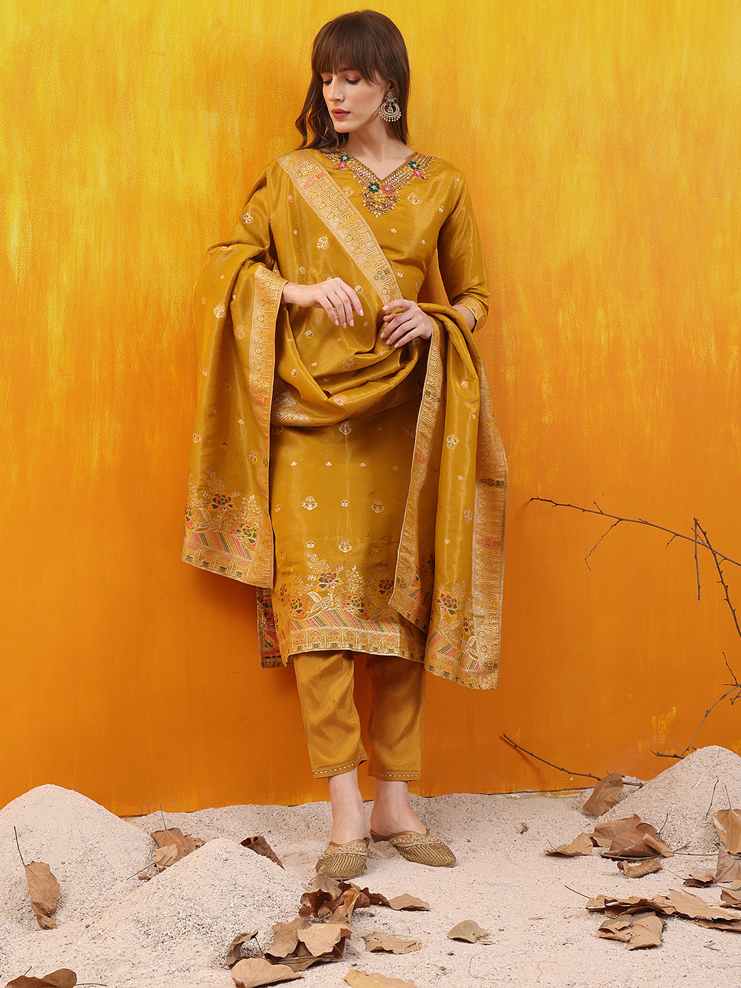 Pure Banarasi Jacquard Hand Embroidered Kurta With Pant & Banarasi Jacquard Dupatta, Yellow - Hiral Fashion
