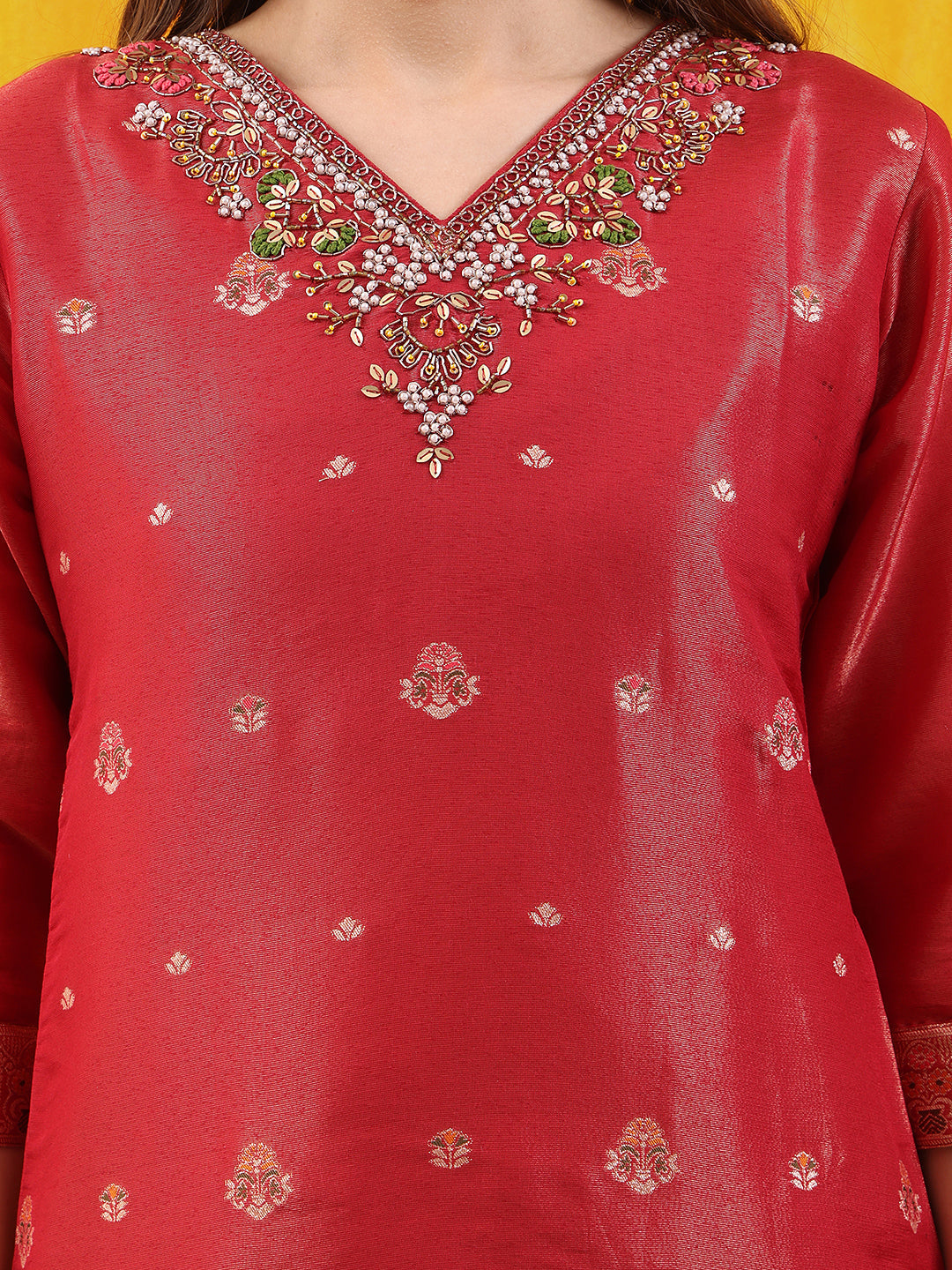 Pure Banarasi Jacquard Hand Embroidered Kurta With Pant & Banarasi Jacquard Dupatta, Red - Hiral Fashion