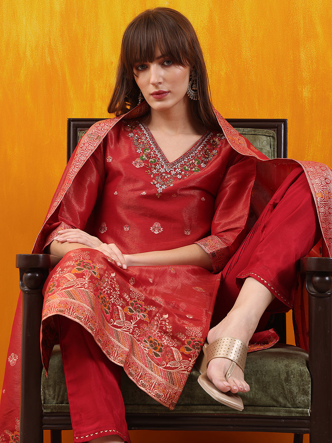 Pure Banarasi Jacquard Hand Embroidered Kurta With Pant & Banarasi Jacquard Dupatta, Red - Hiral Fashion