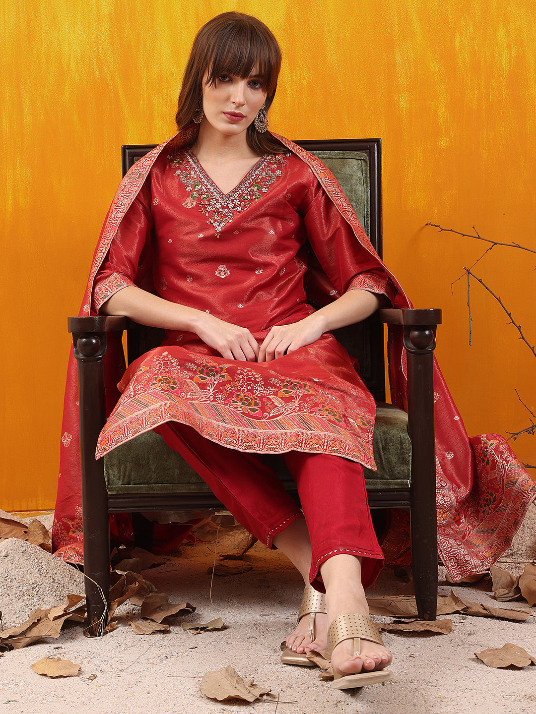 Pure Banarasi Jacquard Hand Embroidered Kurta With Pant & Banarasi Jacquard Dupatta, Red - Hiral Fashion