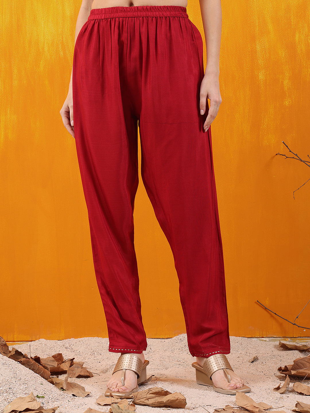 Pure Banarasi Jacquard Hand Embroidered Kurta With Pant & Banarasi Jacquard Dupatta, Red - Hiral Fashion