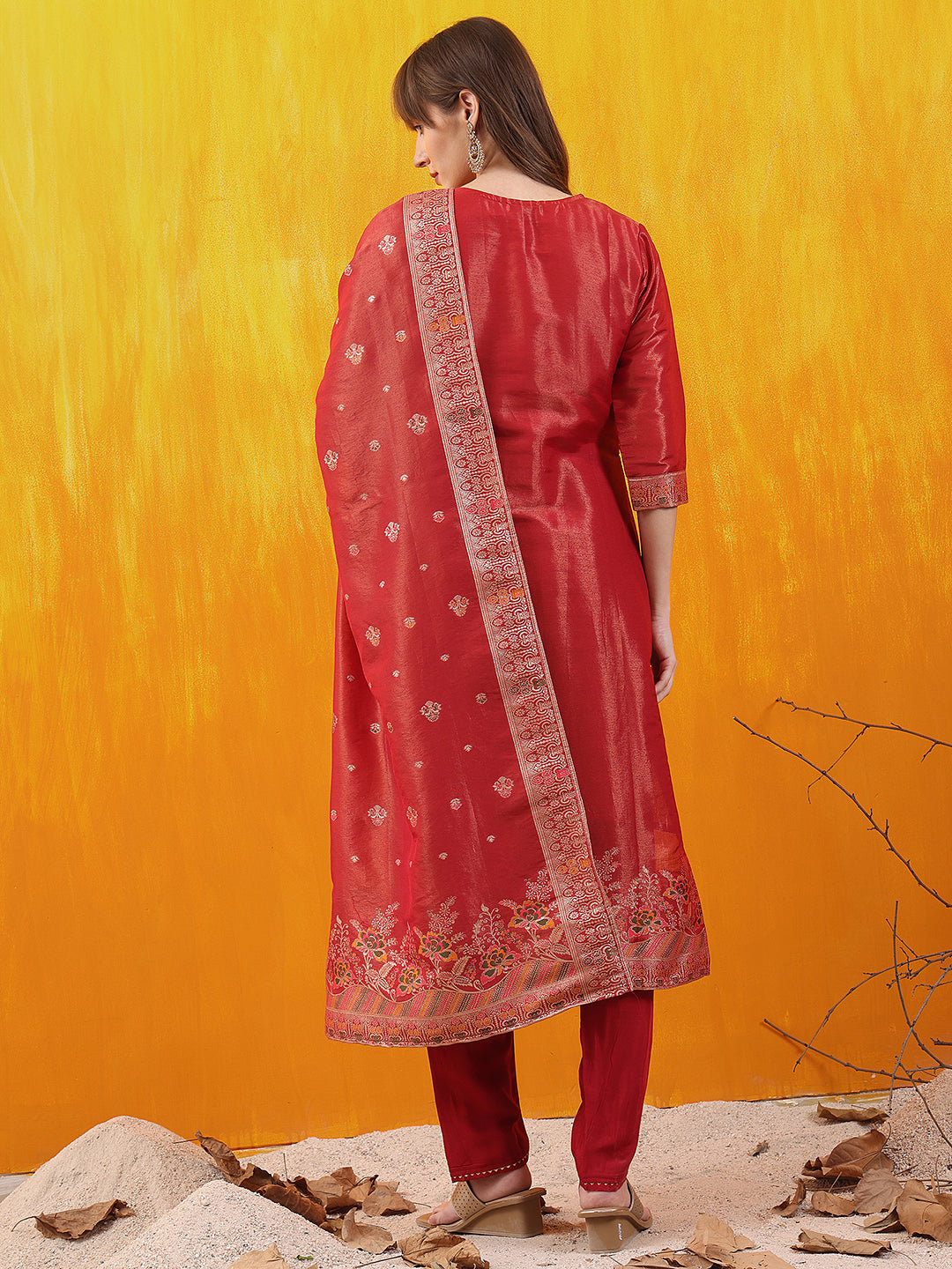 Pure Banarasi Jacquard Hand Embroidered Kurta With Pant & Banarasi Jacquard Dupatta, Red - Hiral Fashion