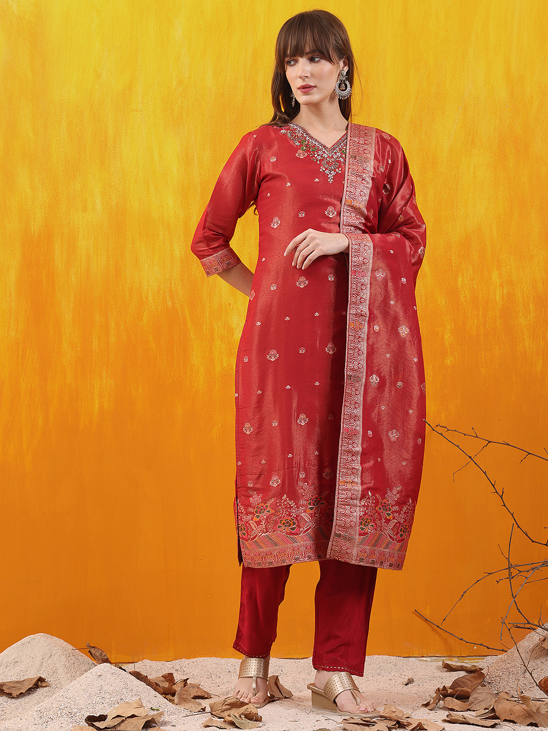 Pure Banarasi Jacquard Hand Embroidered Kurta With Pant & Banarasi Jacquard Dupatta, Red - Hiral Fashion