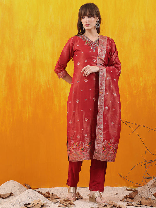Pure Banarasi Jacquard Hand Embroidered Kurta With Pant & Banarasi Jacquard Dupatta, Red - Hiral Fashion