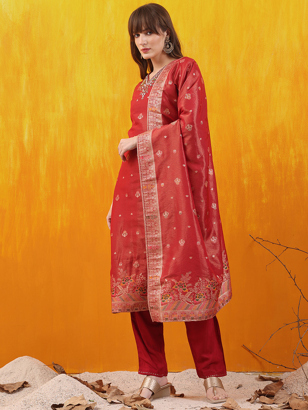 Pure Banarasi Jacquard Hand Embroidered Kurta With Pant & Banarasi Jacquard Dupatta, Red - Hiral Fashion