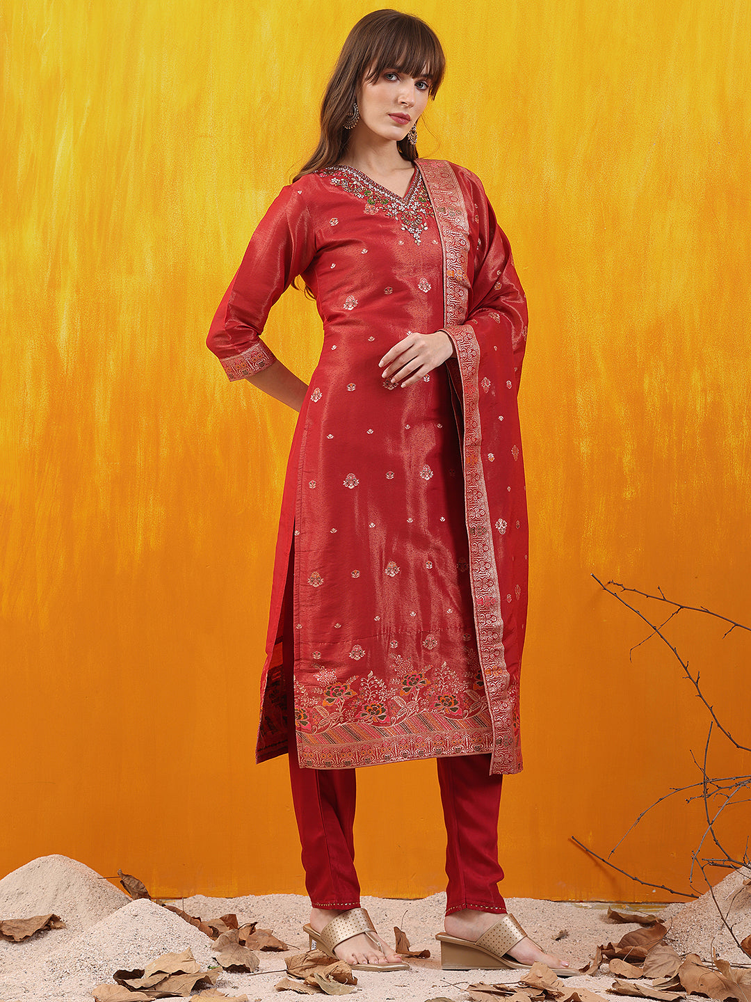 Pure Banarasi Jacquard Hand Embroidered Kurta With Pant & Banarasi Jacquard Dupatta, Red - Hiral Fashion