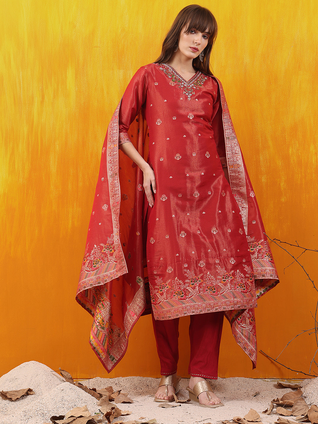 Pure Banarasi Jacquard Hand Embroidered Kurta With Pant & Banarasi Jacquard Dupatta, Red - Hiral Fashion