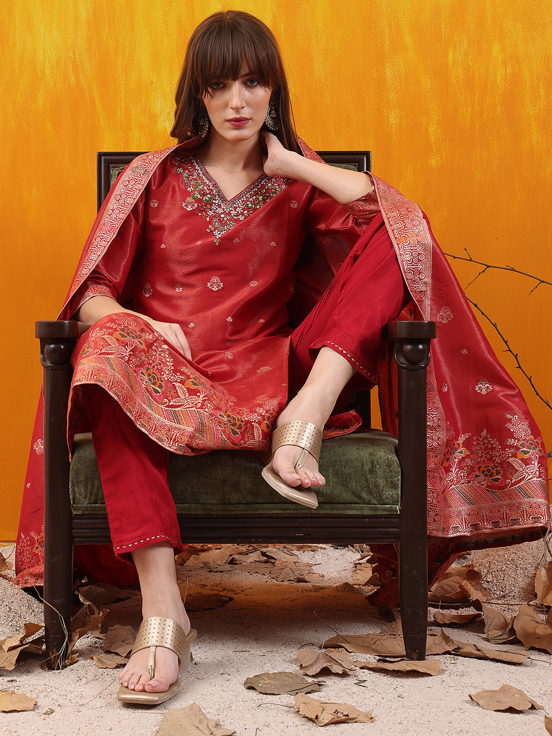 Pure Banarasi Jacquard Hand Embroidered Kurta With Pant & Banarasi Jacquard Dupatta, Red - Hiral Fashion