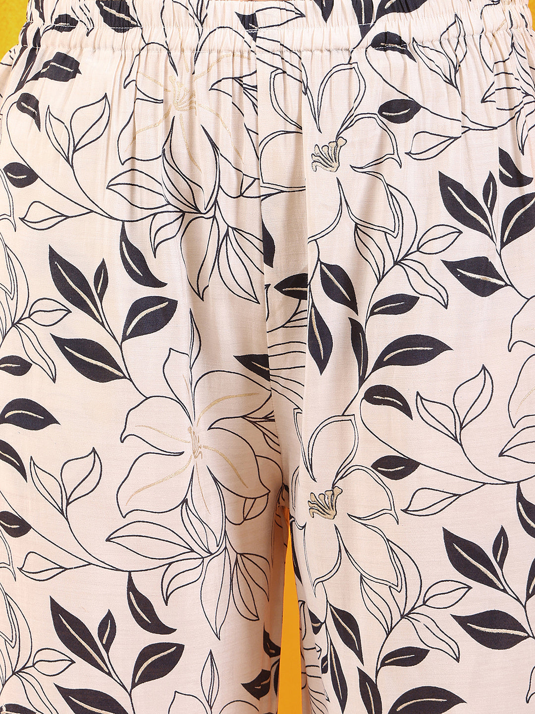 Embroidered And Floral Printed Lace Detailed Kurta With Palazzo Pant & Dupatta, White - Hiral Fashion