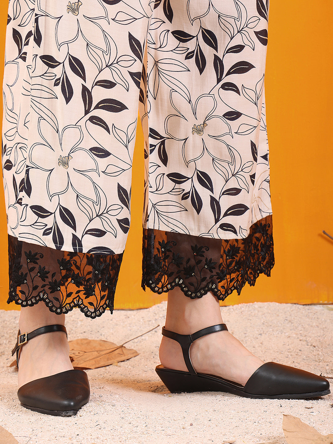 Embroidered And Floral Printed Lace Detailed Kurta With Palazzo Pant & Dupatta, White - Hiral Fashion