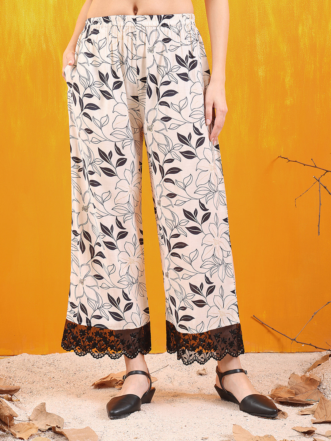 Embroidered And Floral Printed Lace Detailed Kurta With Palazzo Pant & Dupatta, White - Hiral Fashion