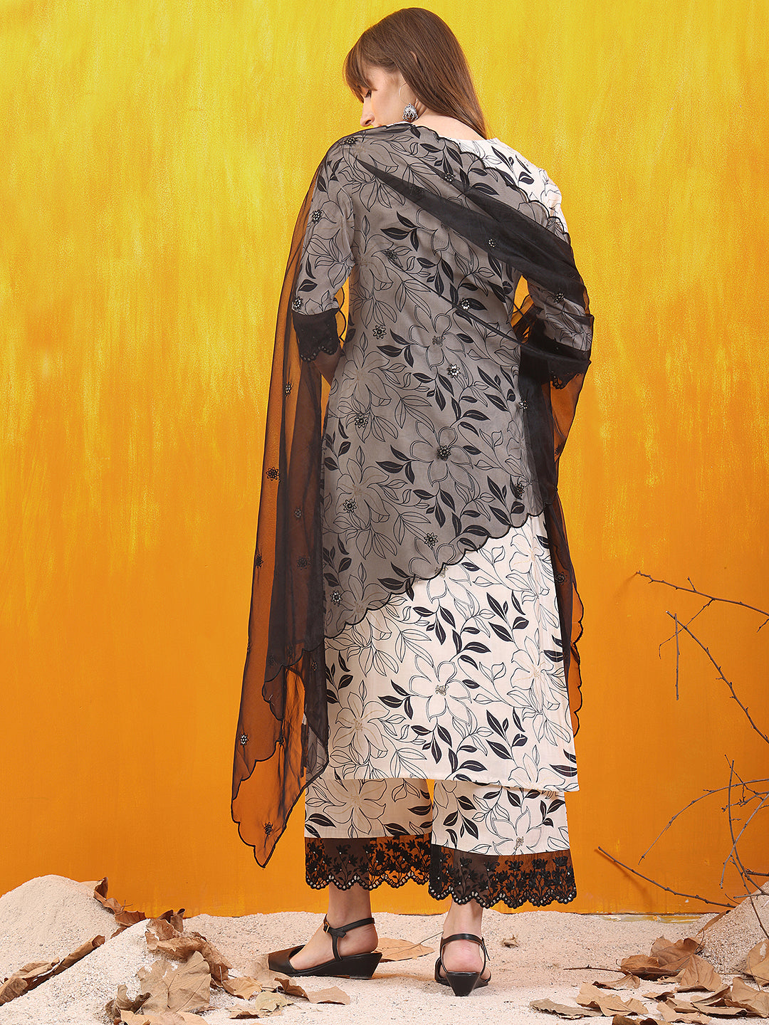 Embroidered And Floral Printed Lace Detailed Kurta With Palazzo Pant & Dupatta, White - Hiral Fashion