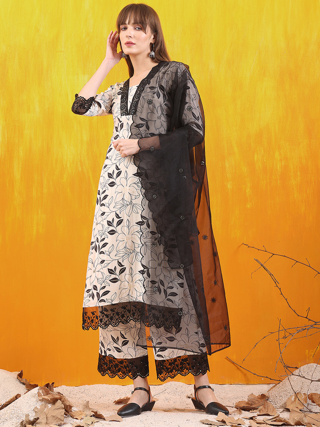 Embroidered And Floral Printed Lace Detailed Kurta With Palazzo Pant & Dupatta, White - Hiral Fashion