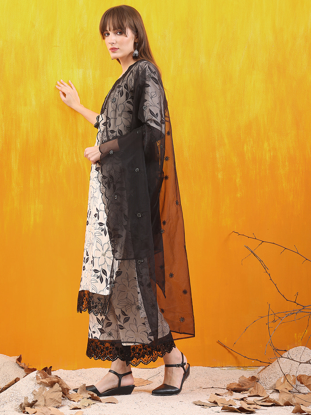 Embroidered And Floral Printed Lace Detailed Kurta With Palazzo Pant & Dupatta, White - Hiral Fashion