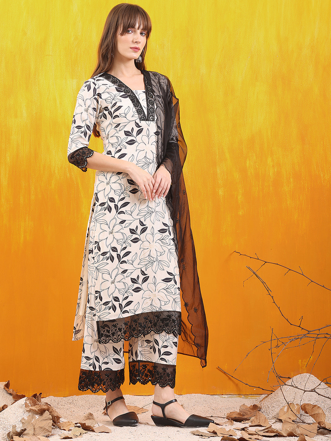 Embroidered And Floral Printed Lace Detailed Kurta With Palazzo Pant & Dupatta, White - Hiral Fashion