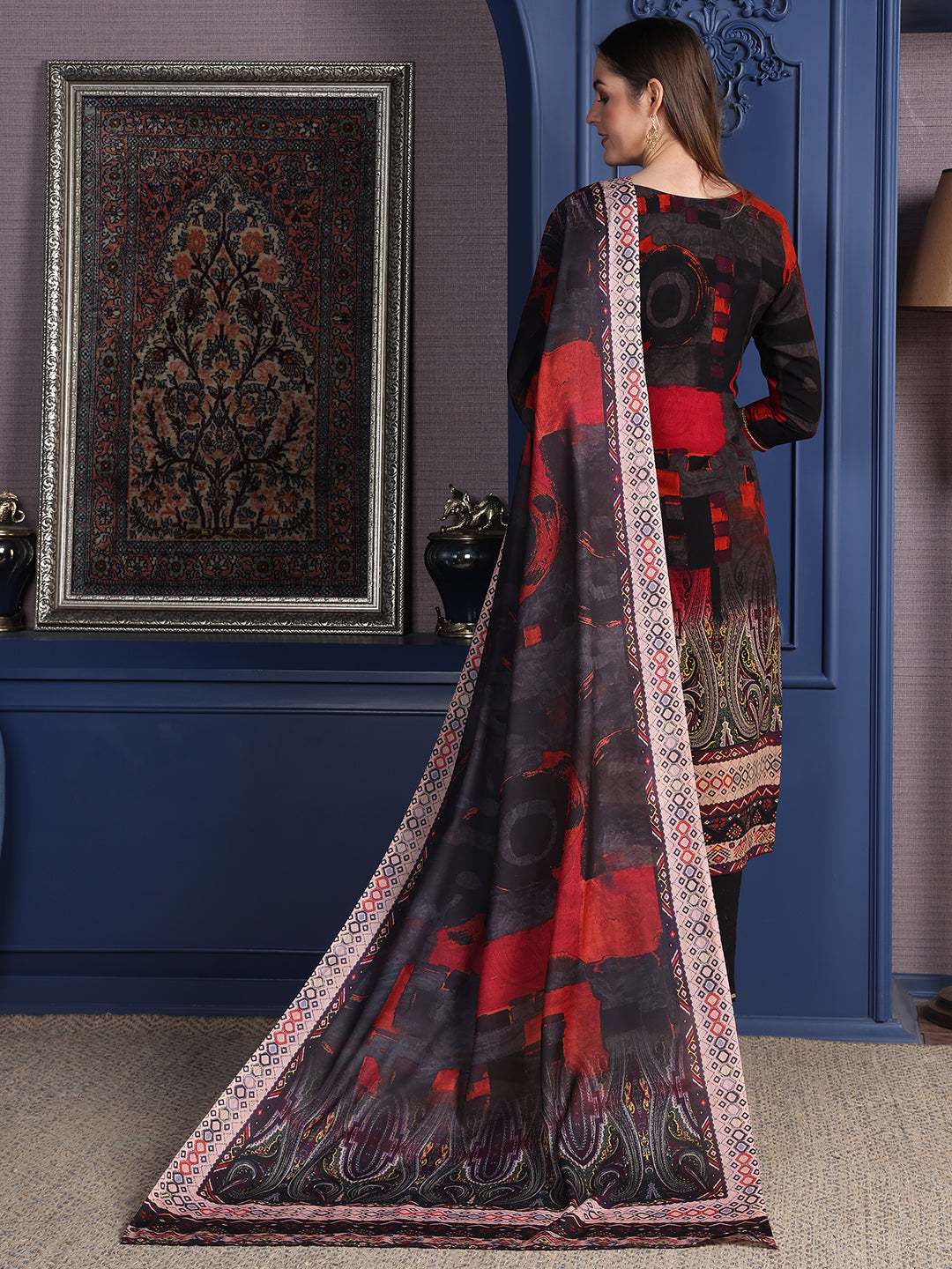 Hand Embroidered & Printed Kurta With Pant & Dupatta, Black - Hiral Fashion