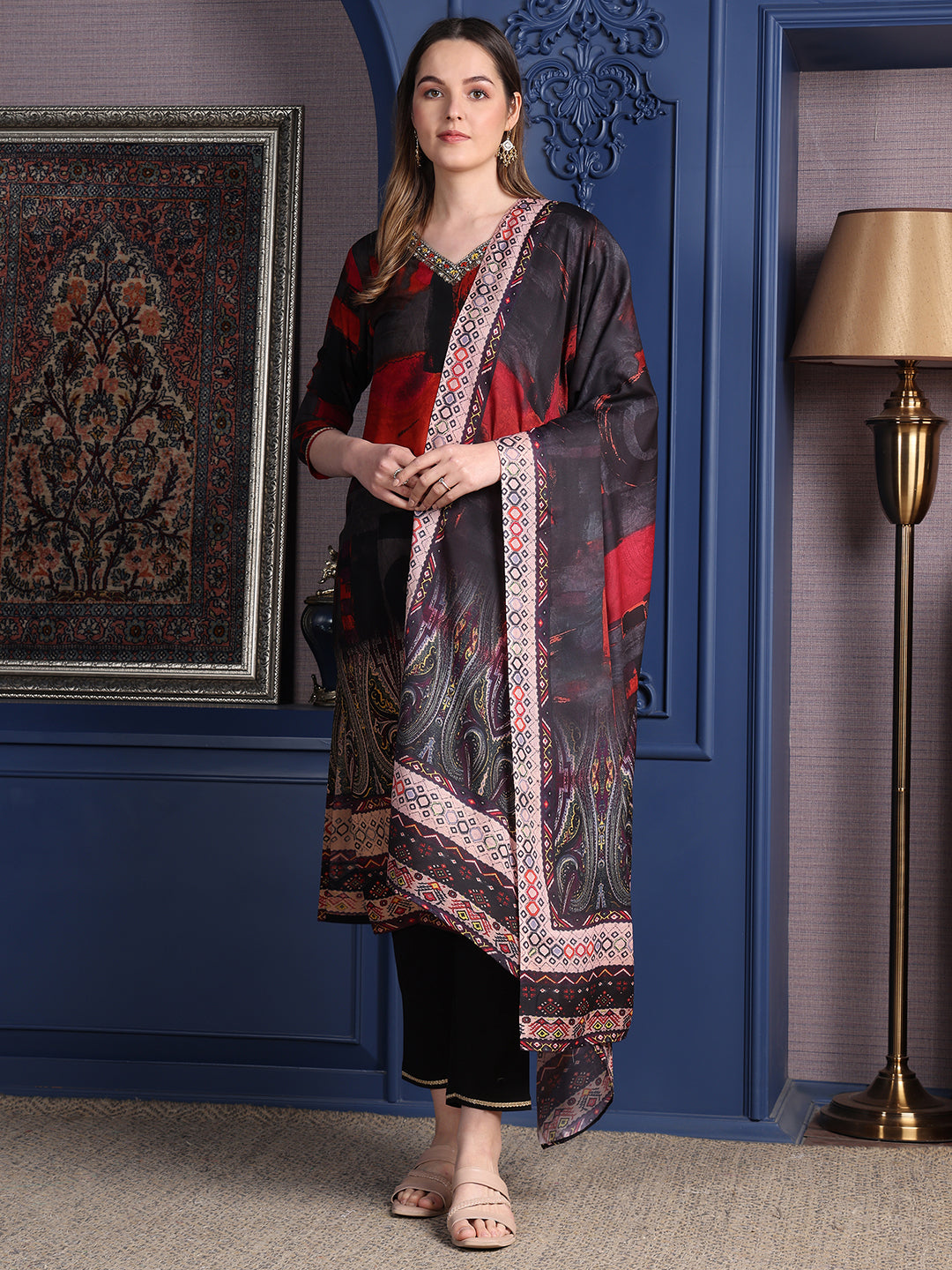 Hand Embroidered & Printed Kurta With Pant & Dupatta, Black - Hiral Fashion