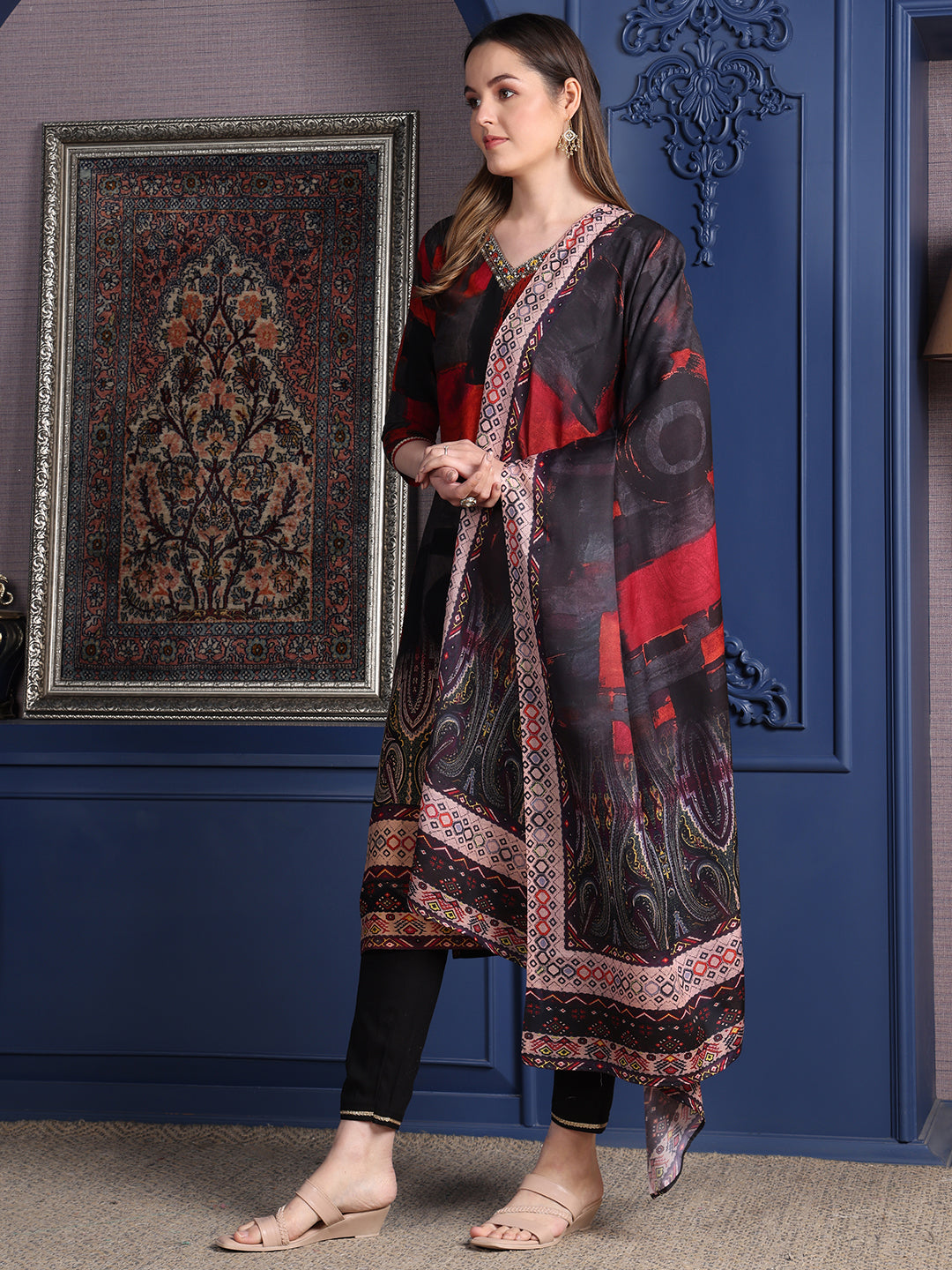Hand Embroidered & Printed Kurta With Pant & Dupatta, Black - Hiral Fashion
