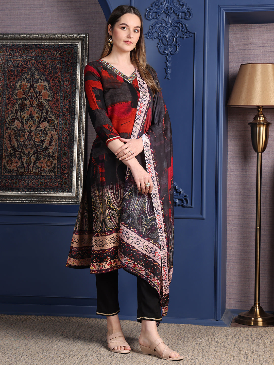 Hand Embroidered & Printed Kurta With Pant & Dupatta, Black - Hiral Fashion