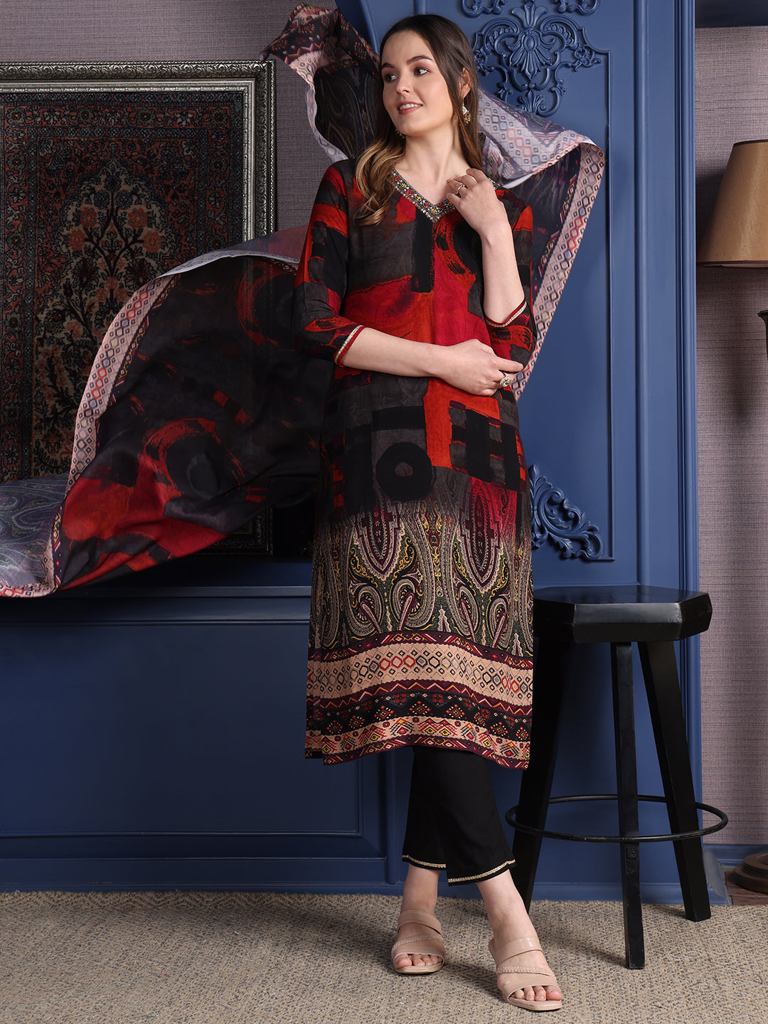 Hand Embroidered & Printed Kurta With Pant & Dupatta, Black - Hiral Fashion