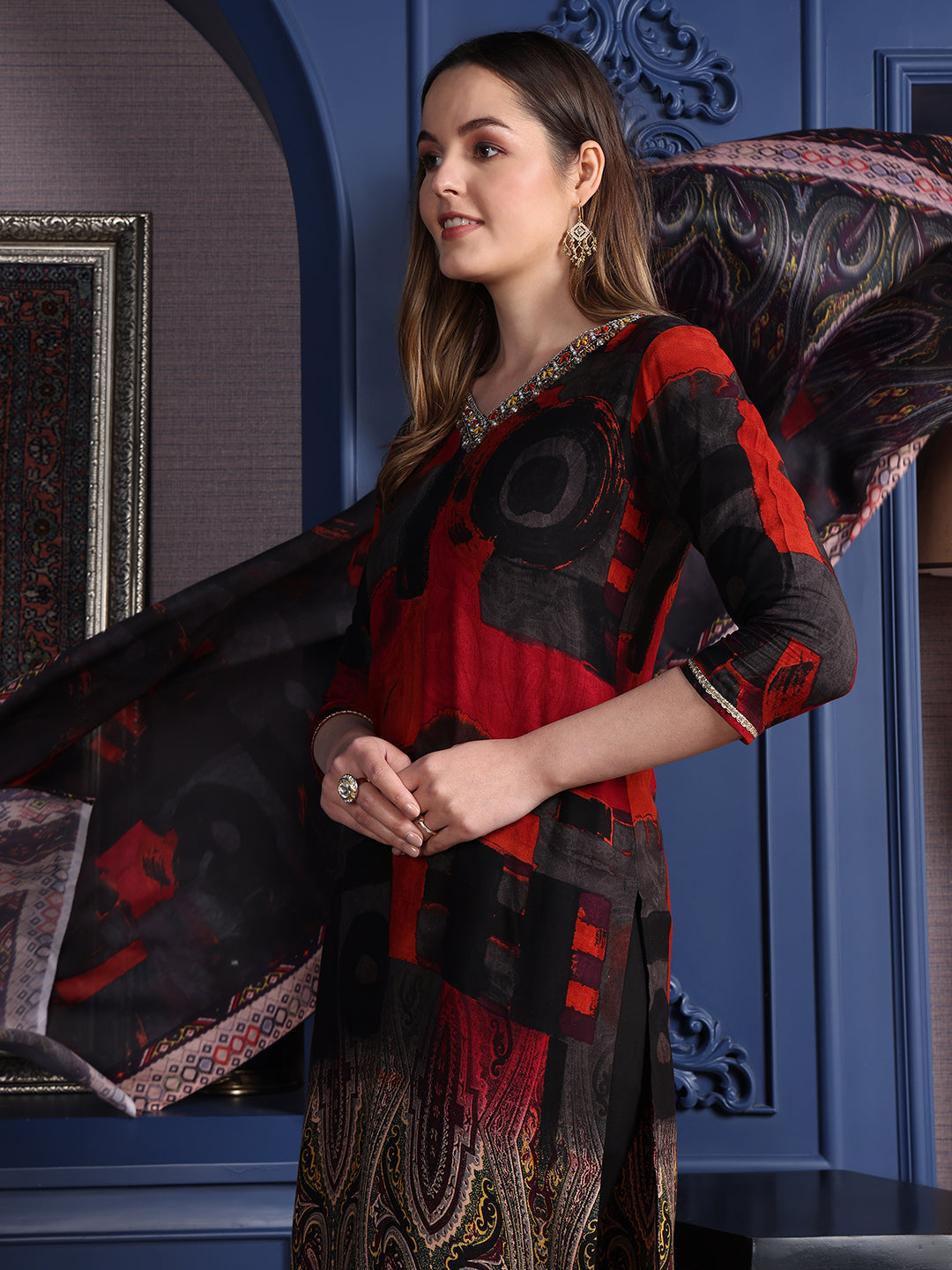 Hand Embroidered & Printed Kurta With Pant & Dupatta, Black - Hiral Fashion