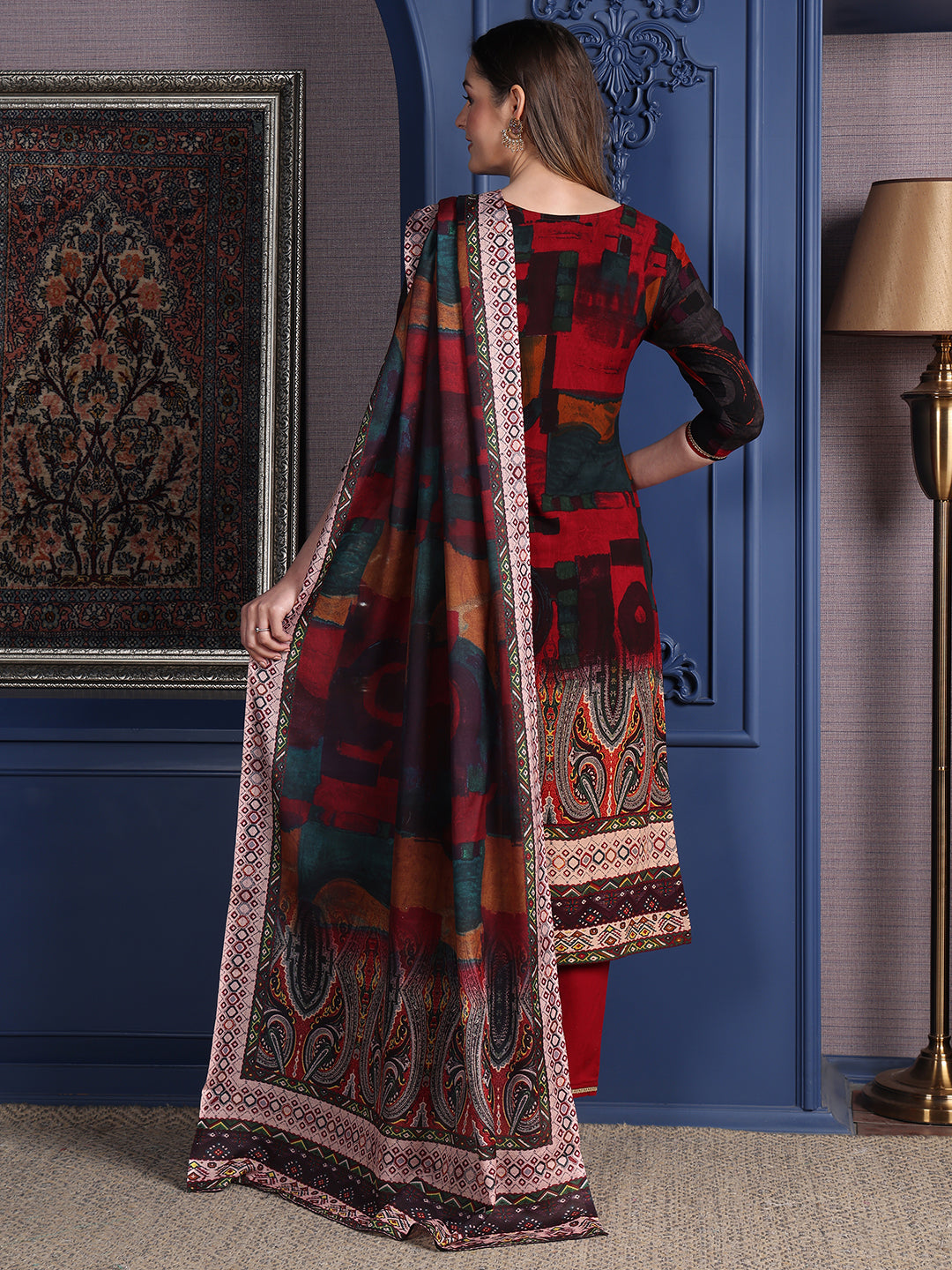 Hand Embroidered & Printed Kurta With Pant & Dupatta, Maroon - Hiral Fashion