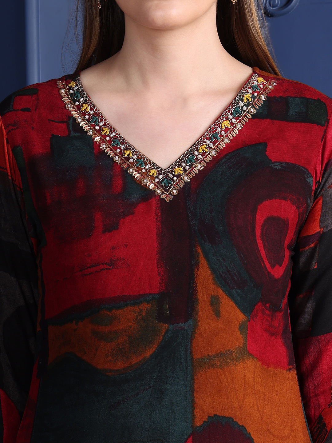 Hand Embroidered & Printed Kurta With Pant & Dupatta, Maroon - Hiral Fashion