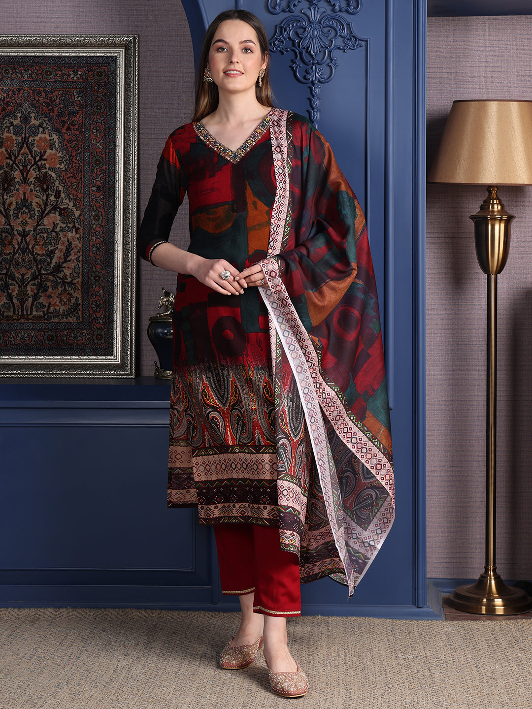 Hand Embroidered & Printed Kurta With Pant & Dupatta, Maroon - Hiral Fashion