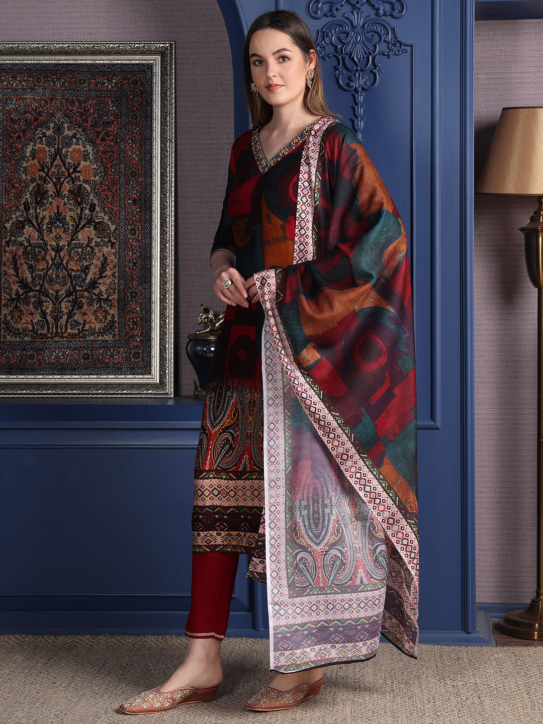 Hand Embroidered & Printed Kurta With Pant & Dupatta, Maroon - Hiral Fashion