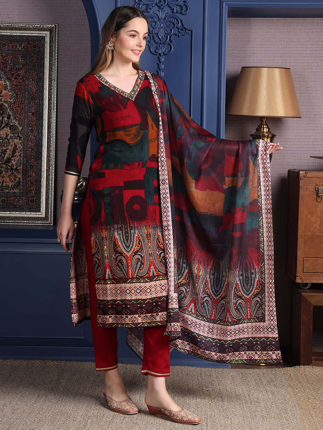 Hand Embroidered & Printed Kurta With Pant & Dupatta, Maroon - Hiral Fashion