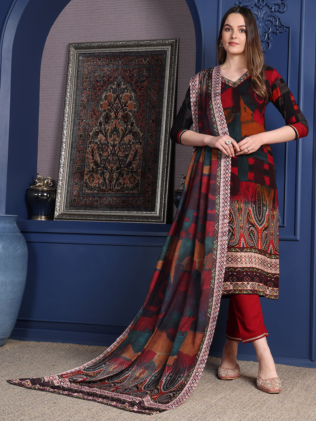 Hand Embroidered & Printed Kurta With Pant & Dupatta, Maroon - Hiral Fashion