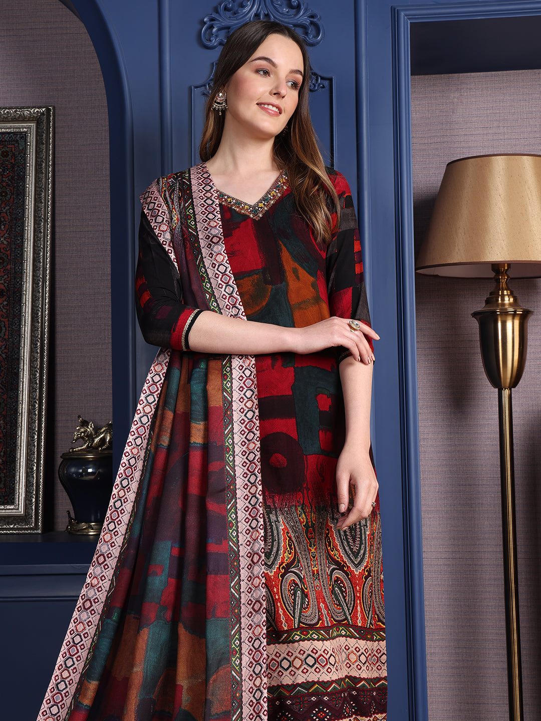 Hand Embroidered & Printed Kurta With Pant & Dupatta, Maroon - Hiral Fashion