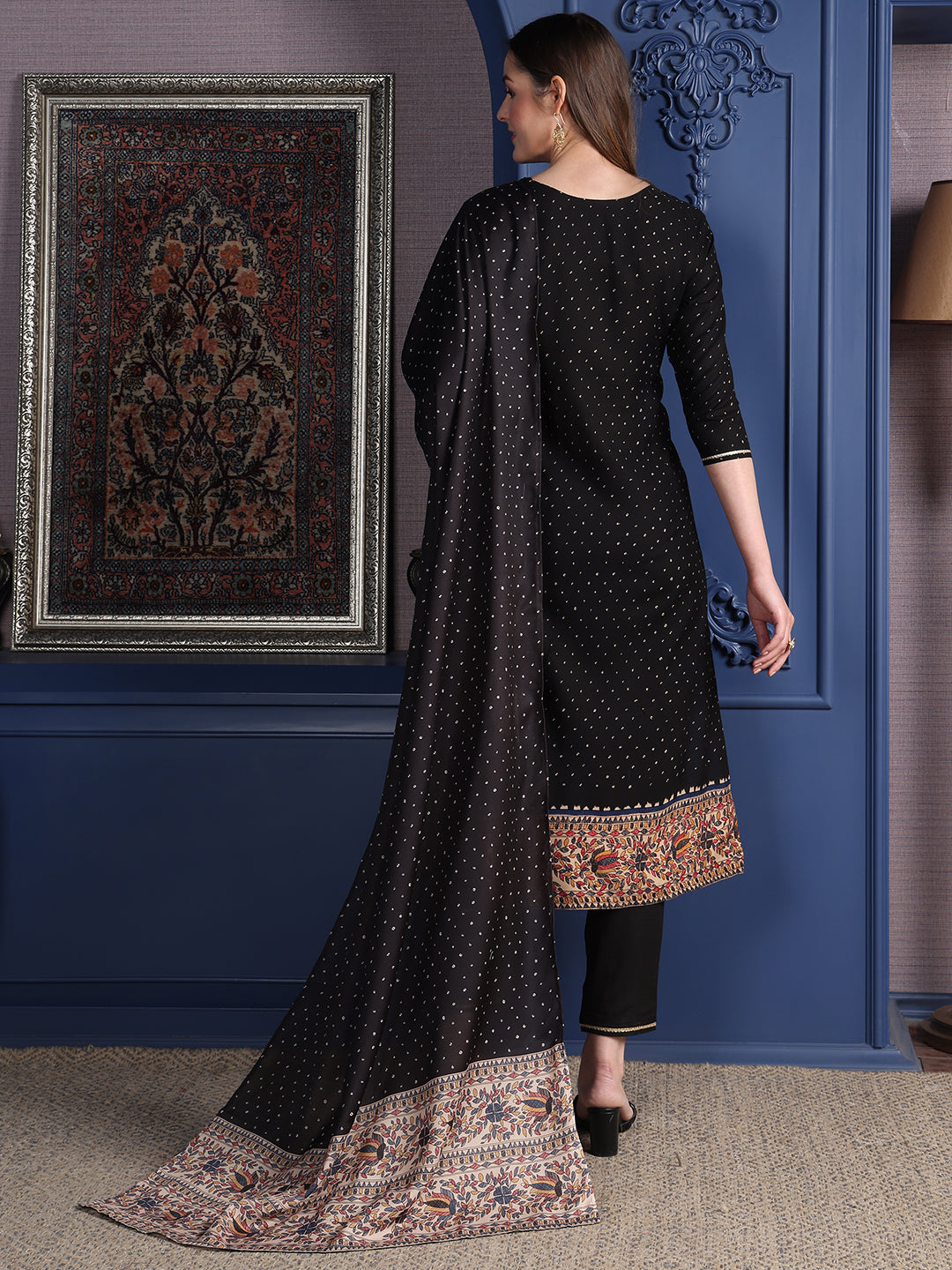 Hand Embroidered & Printed Kurta With Pant & Dupatta, Black - Hiral Fashion