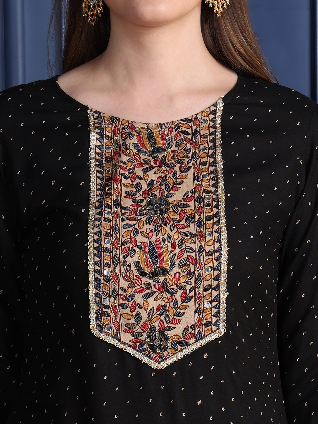 Hand Embroidered & Printed Kurta With Pant & Dupatta, Black - Hiral Fashion