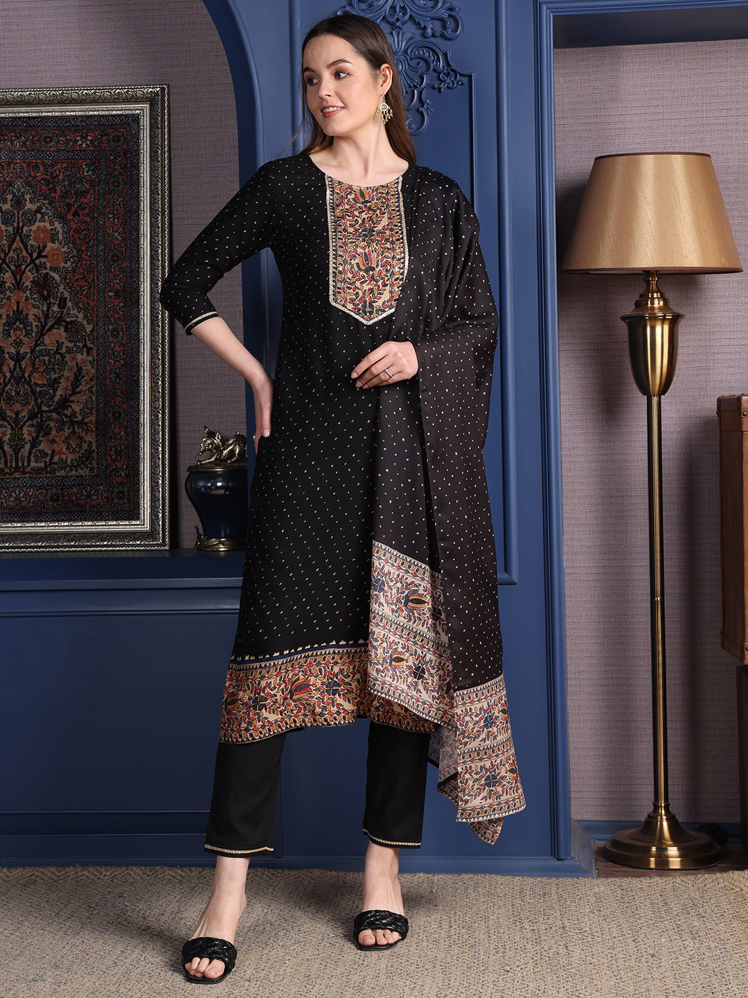 Hand Embroidered & Printed Kurta With Pant & Dupatta, Black - Hiral Fashion
