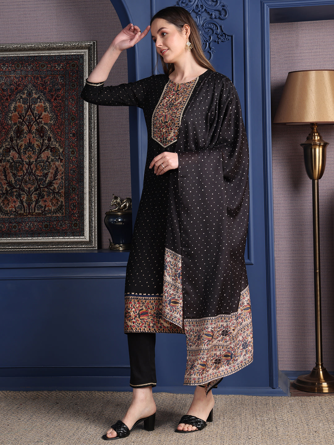 Hand Embroidered & Printed Kurta With Pant & Dupatta, Black - Hiral Fashion