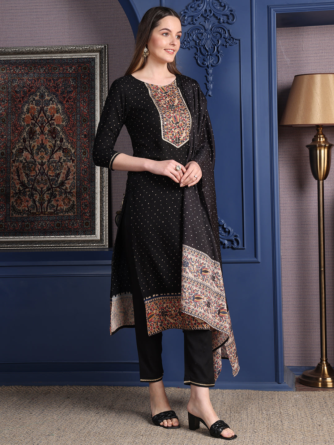 Hand Embroidered & Printed Kurta With Pant & Dupatta, Black - Hiral Fashion