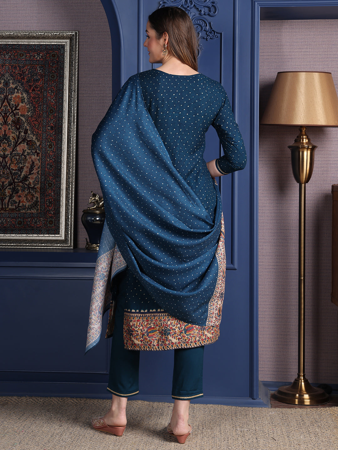 Hand Embroidered & Printed Kurta With Pant & Dupatta, Teal - Hiral Fashion
