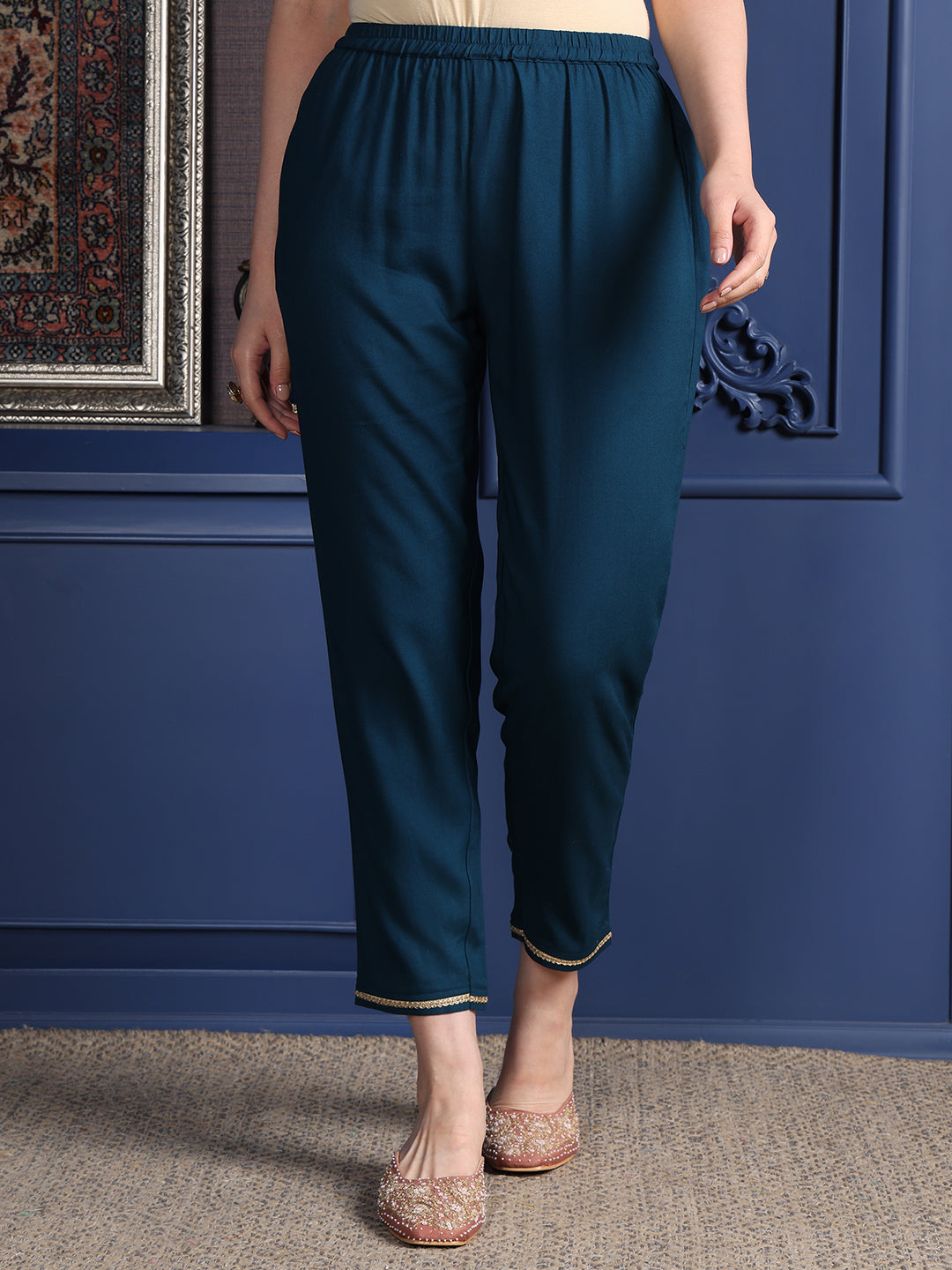 Hand Embroidered & Printed Kurta With Pant & Dupatta, Teal - Hiral Fashion